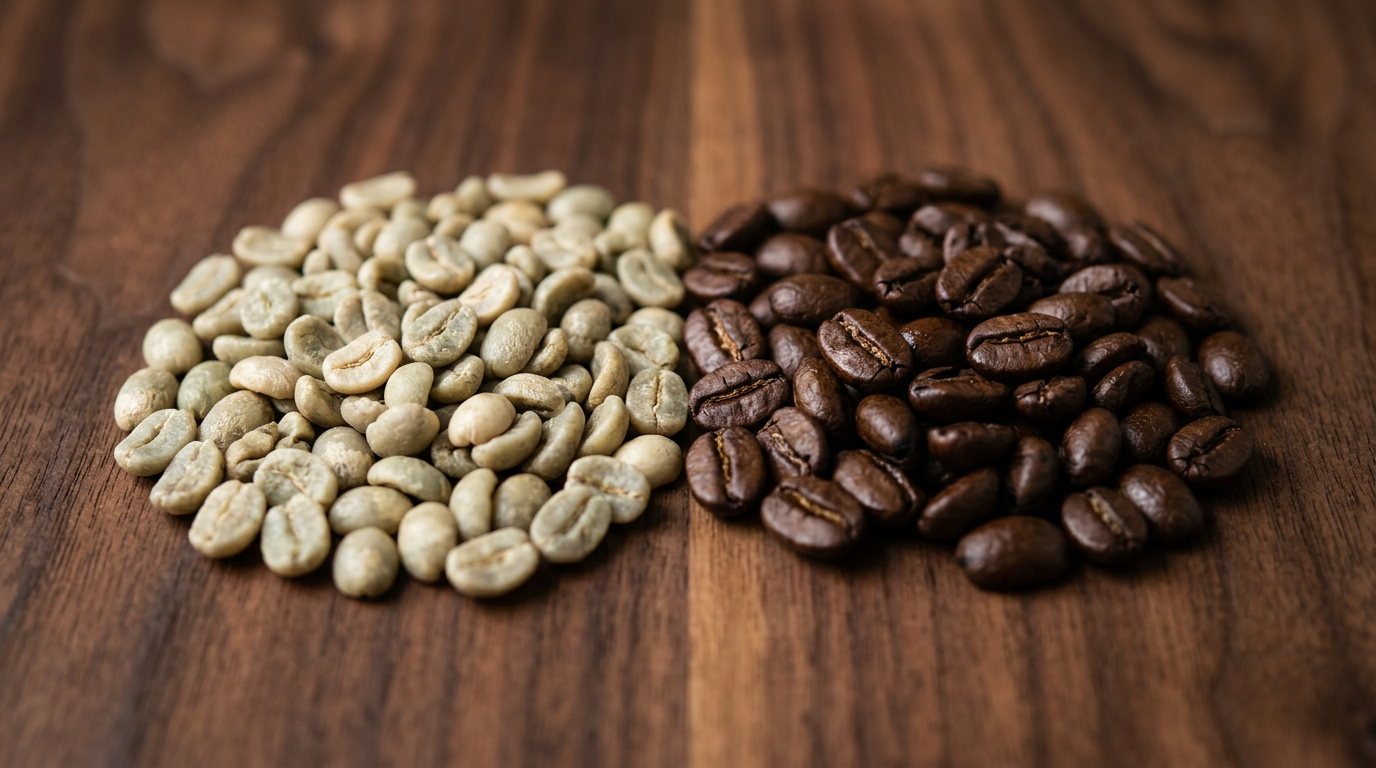 Green unroasted coffee beans and dark roasted coffee beans side by side on a wood surface