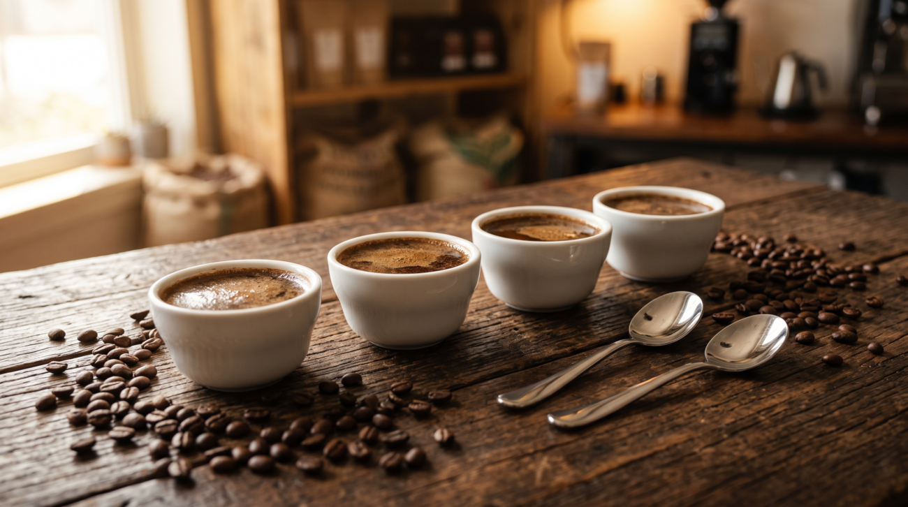 Professional specialty coffee cupping session with white bowls on wooden table